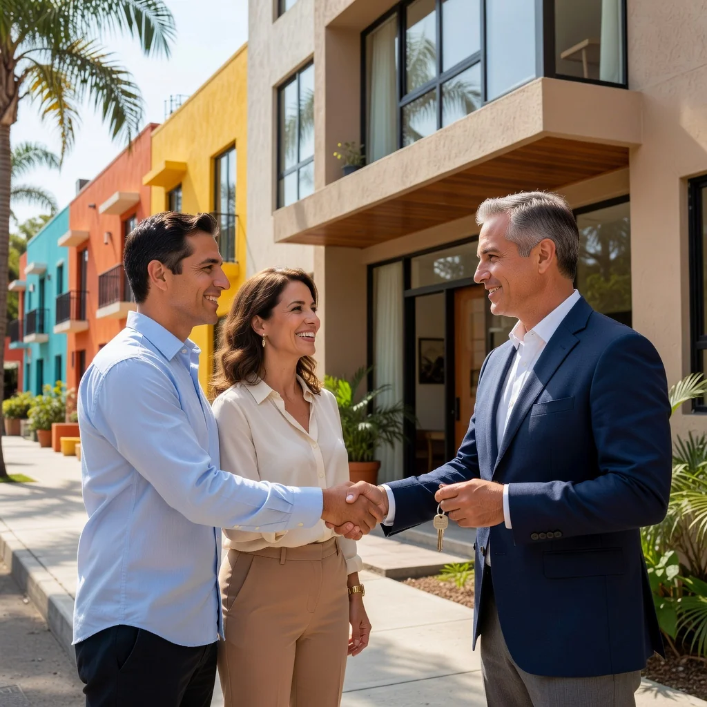 A photorealistic image of a smiling adult couple in their mid-30s standing outside a modern apartment building in an urban Mexican neighborhood, shaking hands with a middle-aged real estate agent holding a set of keys, symbolizing the renewal of a residential lease agreement. The scene is set on a sunny day with palm trees and colorful buildings in the background to evoke Mexico, conveying a sense of security, agreement, and home stability. No children are present in the image.