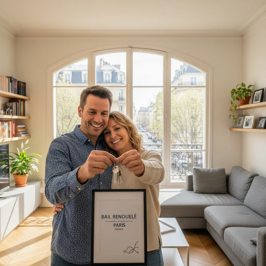 A photorealistic image depicting a joyful adult couple in their mid-30s, standing in a bright and modern French apartment living room with large windows overlooking a Parisian street, holding a set of keys together, symbolizing the renewal of their residential lease and continued home life in France. The scene conveys stability, happiness, and urban living, with warm natural light filtering in. No children are present in the image.
