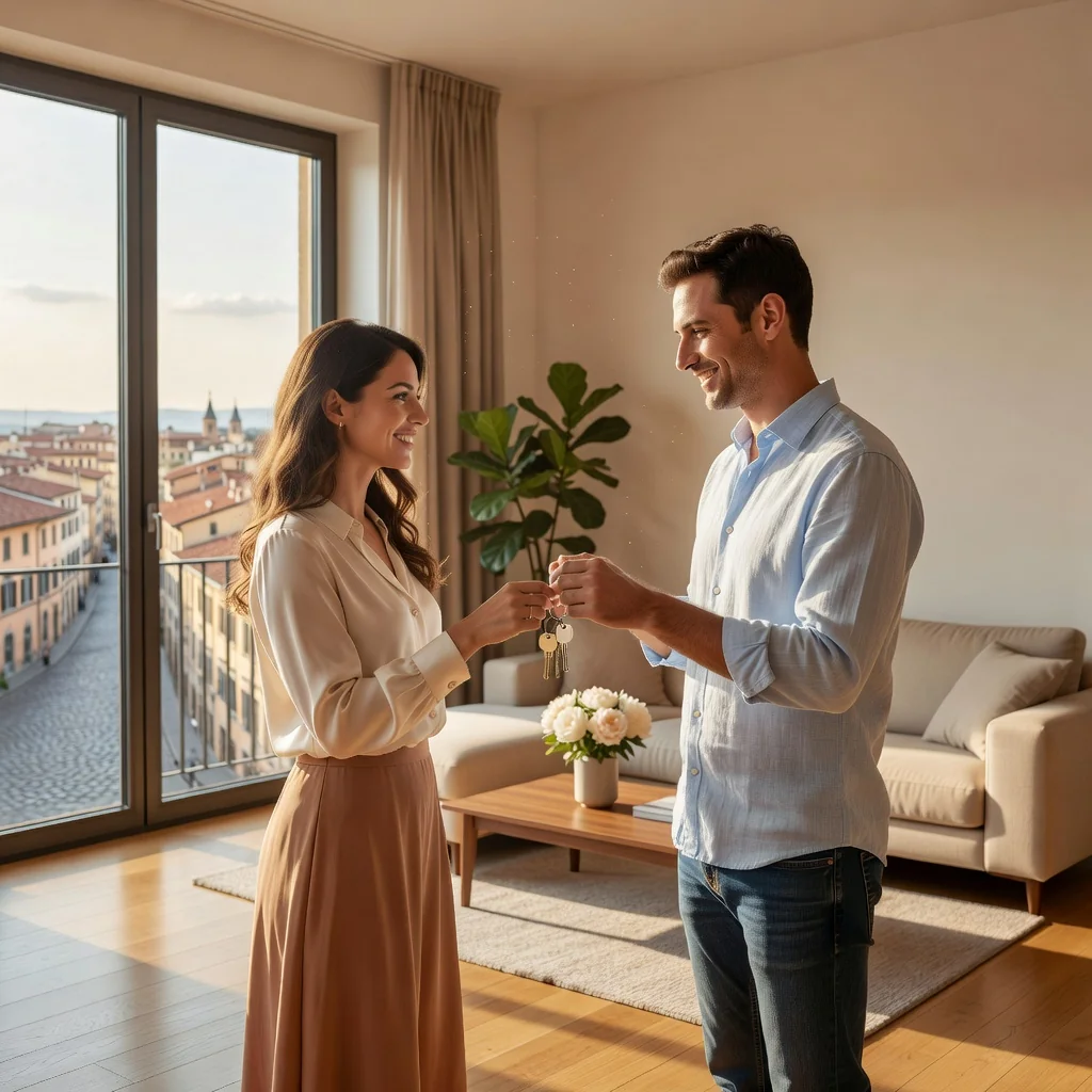 A photorealistic image of a happy adult couple in their mid-30s, standing together in a cozy, modern Italian apartment living room with warm sunlight streaming through large windows overlooking a scenic urban view. The man is handing a set of keys to the woman, symbolizing the renewal of their residential lease agreement. Both are smiling and dressed in casual everyday clothes, with no children or other people present. The atmosphere conveys security, homeownership stability, and satisfaction with their living situation in Italy.