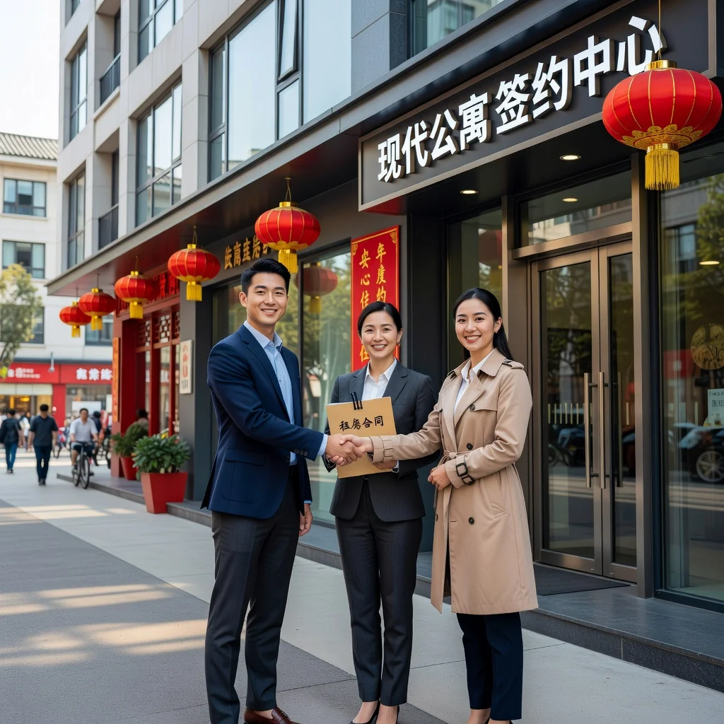 A photorealistic image of two young adults, a man and a woman, happily shaking hands with a real estate agent in front of a modern apartment building in a Chinese urban setting, symbolizing the renewal of a residential lease agreement. The scene conveys trust, agreement, and moving forward with housing in China. No children are present in the image.