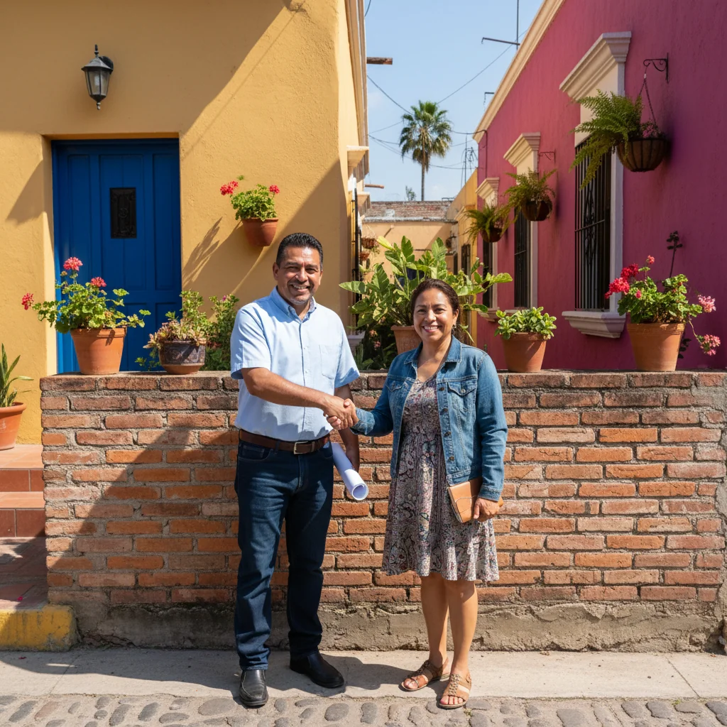 A photorealistic image depicting two neighboring property owners in Mexico shaking hands amicably in front of a shared boundary wall between their homes, symbolizing agreement and legal cooperation in property division, with a sunny urban Mexican neighborhood background.