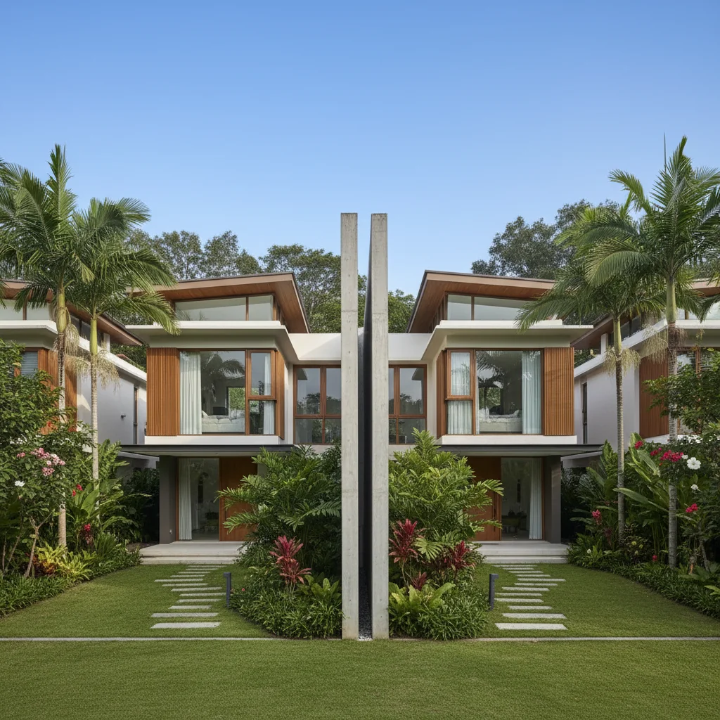 A photorealistic image depicting two neighboring semi-detached houses in a suburban Singapore neighborhood, with a visible shared wall between them, symbolizing the concept of a party wall agreement. The scene shows well-maintained tropical gardens and modern architecture under a clear blue sky, conveying harmony and cooperation between property owners. No people, children, or legal documents are present.