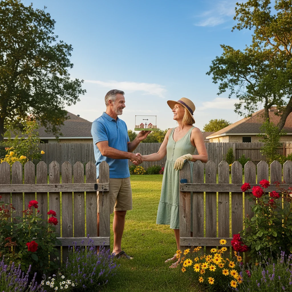 A photorealistic image depicting two adult neighbors amicably discussing and shaking hands over a shared garden fence, symbolizing the benefits and potential pitfalls of a neighbor agreement in a residential setting.