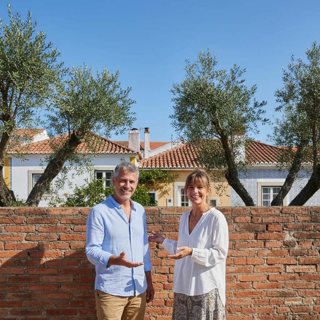 A photorealistic image of two neighboring homeowners in Portugal standing amicably in front of a shared wall between their properties, perhaps a stone or brick common wall in a residential area, shaking hands or discussing, with traditional Portuguese architecture in the background to evoke the concept of a common wall agreement without showing any legal documents.
