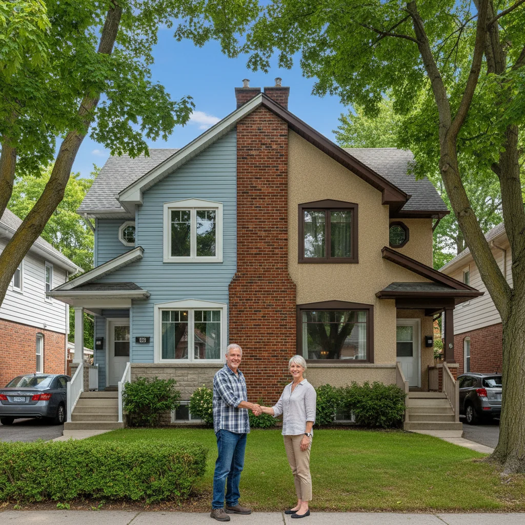 A photorealistic image of two neighboring residential houses in a Canadian suburban neighborhood, sharing a common brick party wall, with two adult homeowners standing amicably in front of the wall, shaking hands to symbolize agreement and cooperation in property division, under a clear blue sky with maple leaves in the background to evoke Canada, no children present.