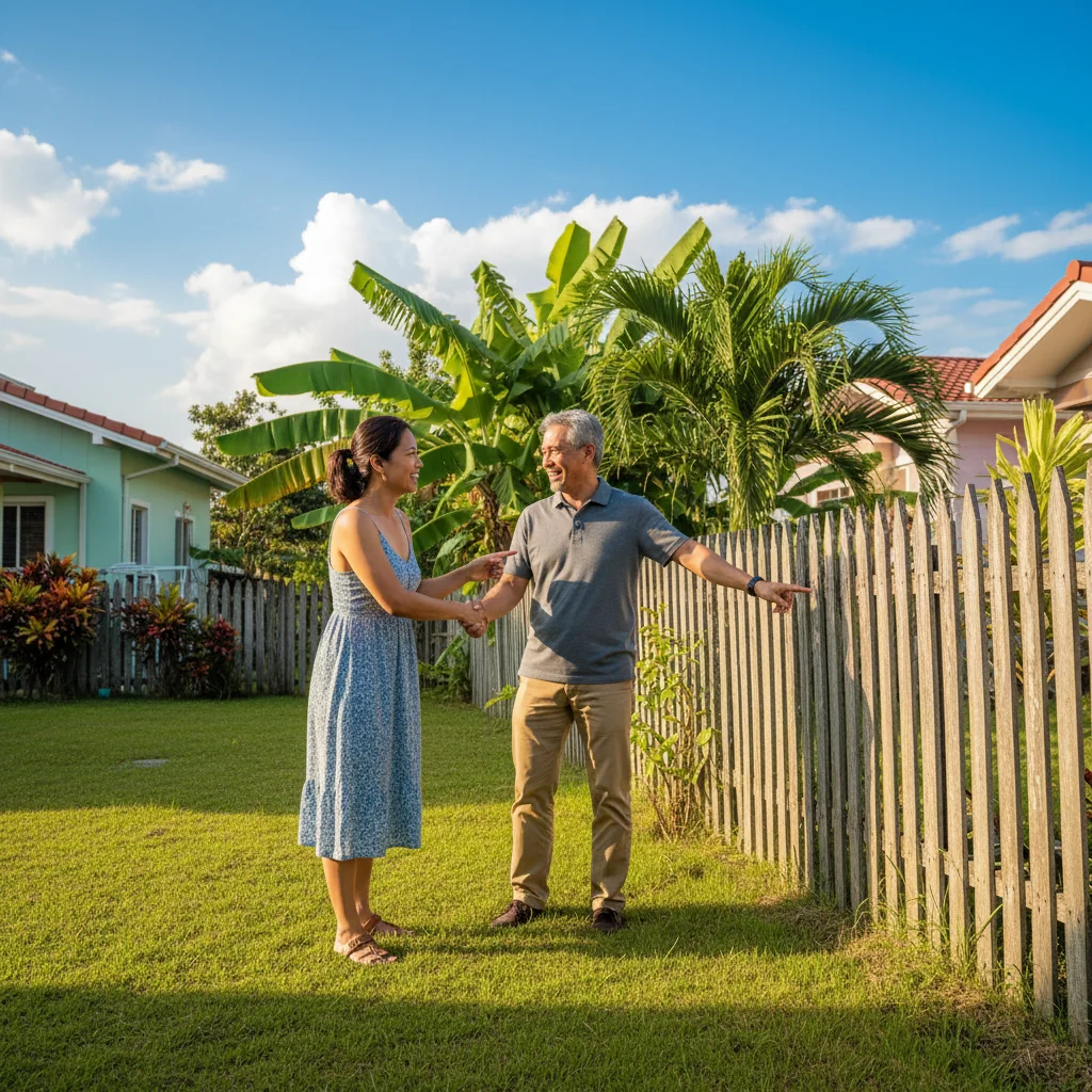 A photorealistic image depicting two adult neighbors in a suburban Philippine neighborhood amicably discussing and shaking hands over a shared property boundary, with a clear fence line and tropical landscaping in the background, symbolizing the resolution of a boundary dispute.