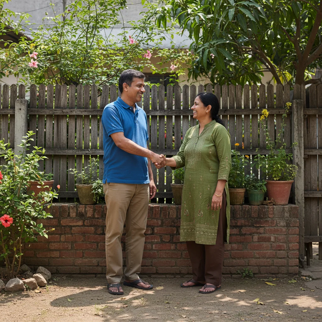 A photorealistic image of two neighboring adults in a modern Indian suburban home, standing amicably beside a shared boundary wall, shaking hands in agreement, symbolizing a peaceful shared wall agreement. The scene is set outdoors during a sunny day, with traditional Indian architectural elements in the background, conveying trust and cooperation without any legal documents visible.