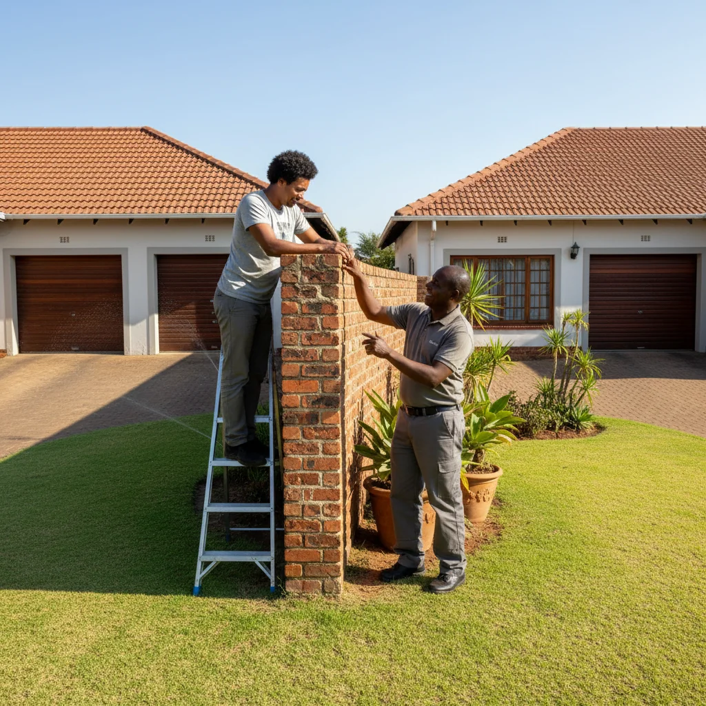 A photorealistic image of two neighboring houses in a suburban South African neighborhood, separated by a shared brick party wall, with one homeowner on a ladder inspecting or repairing the wall, and the other homeowner discussing nearby, emphasizing collaboration and agreement without any legal documents visible, no children present.