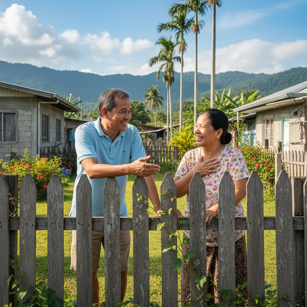 A photorealistic image depicting two adult neighbors in the Philippines standing amicably on a shared property boundary, such as a fence line between suburban houses, discussing a resolution to their boundary dispute with calm expressions, surrounded by tropical Philippine landscape like palm trees and greenery, symbolizing legal harmony and peaceful settlement.