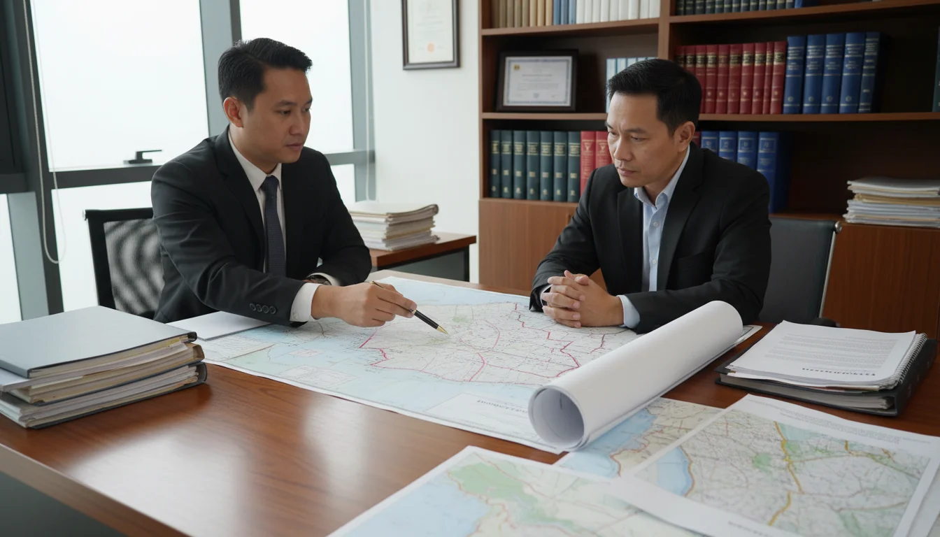 Lawyer consulting client on land boundaries