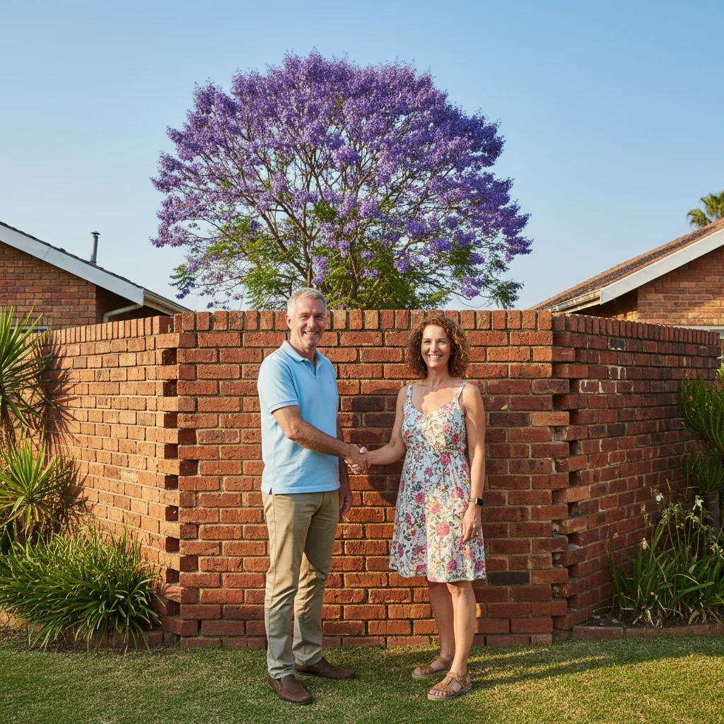 A photorealistic image depicting two neighboring adult homeowners in South Africa shaking hands amicably in front of a shared boundary wall between their suburban properties, symbolizing a party wall agreement. The scene shows a sunny day with typical South African architecture, green lawns, and a sense of cooperation. No children are present in the image.