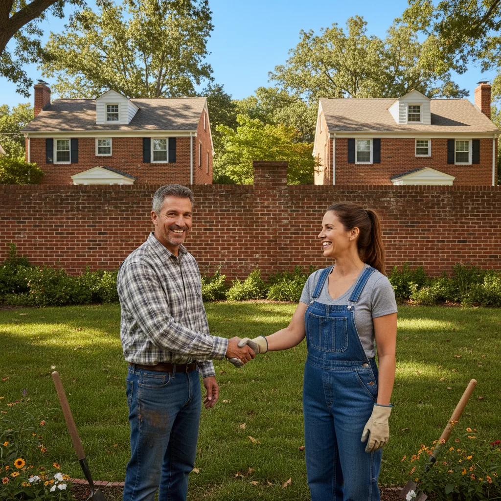 A photorealistic image depicting two neighboring homeowners shaking hands amicably in front of a shared brick wall between their properties, symbolizing cooperation and agreement on construction matters, with suburban houses and a clear blue sky in the background.