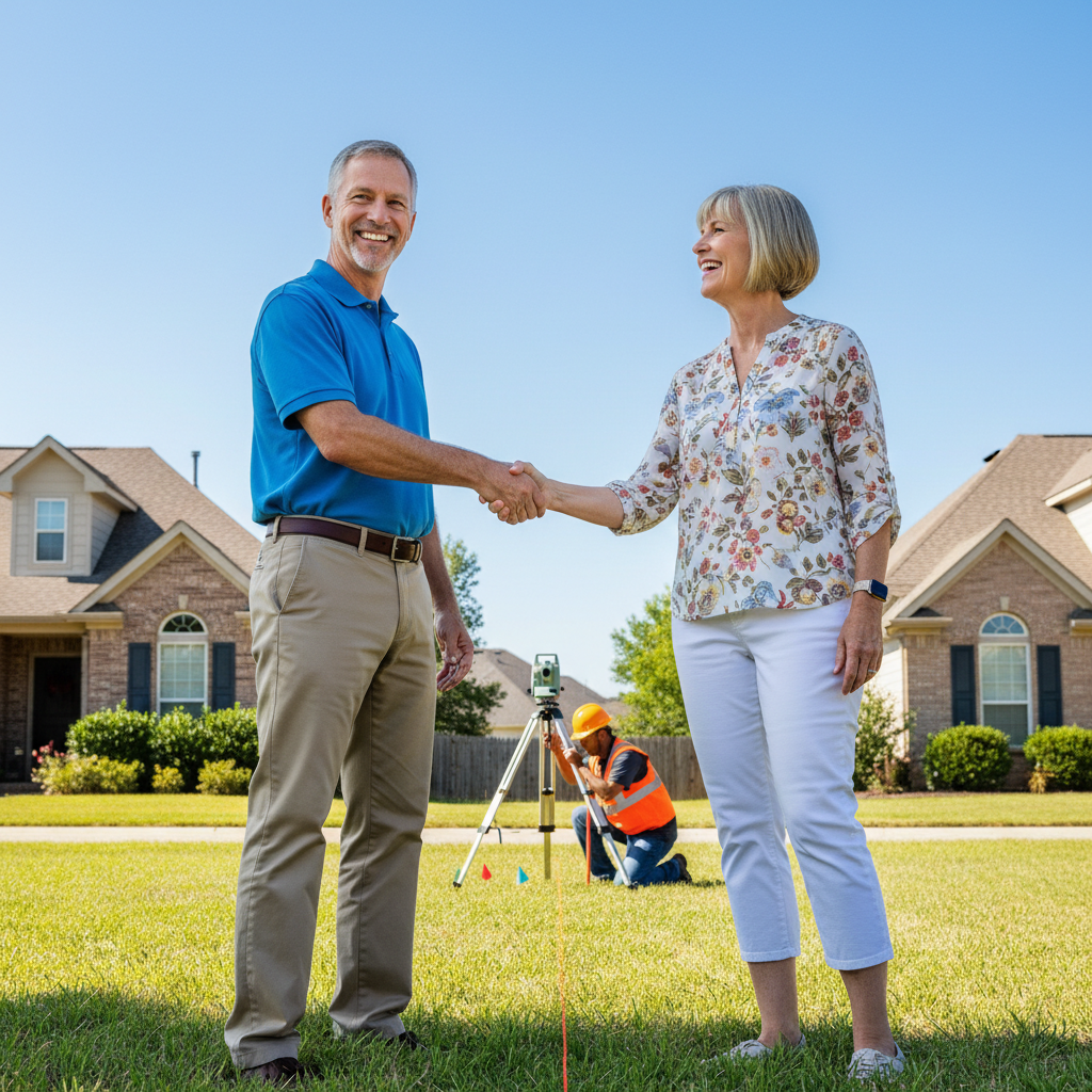 A photorealistic image depicting two neighboring property owners standing amicably on the boundary line of their adjacent land plots, perhaps with a surveyor marking the line or a simple fence in the background, symbolizing agreement and confirmation of property boundaries. The scene should convey trust, cooperation, and clarity in land ownership without showing any legal documents.