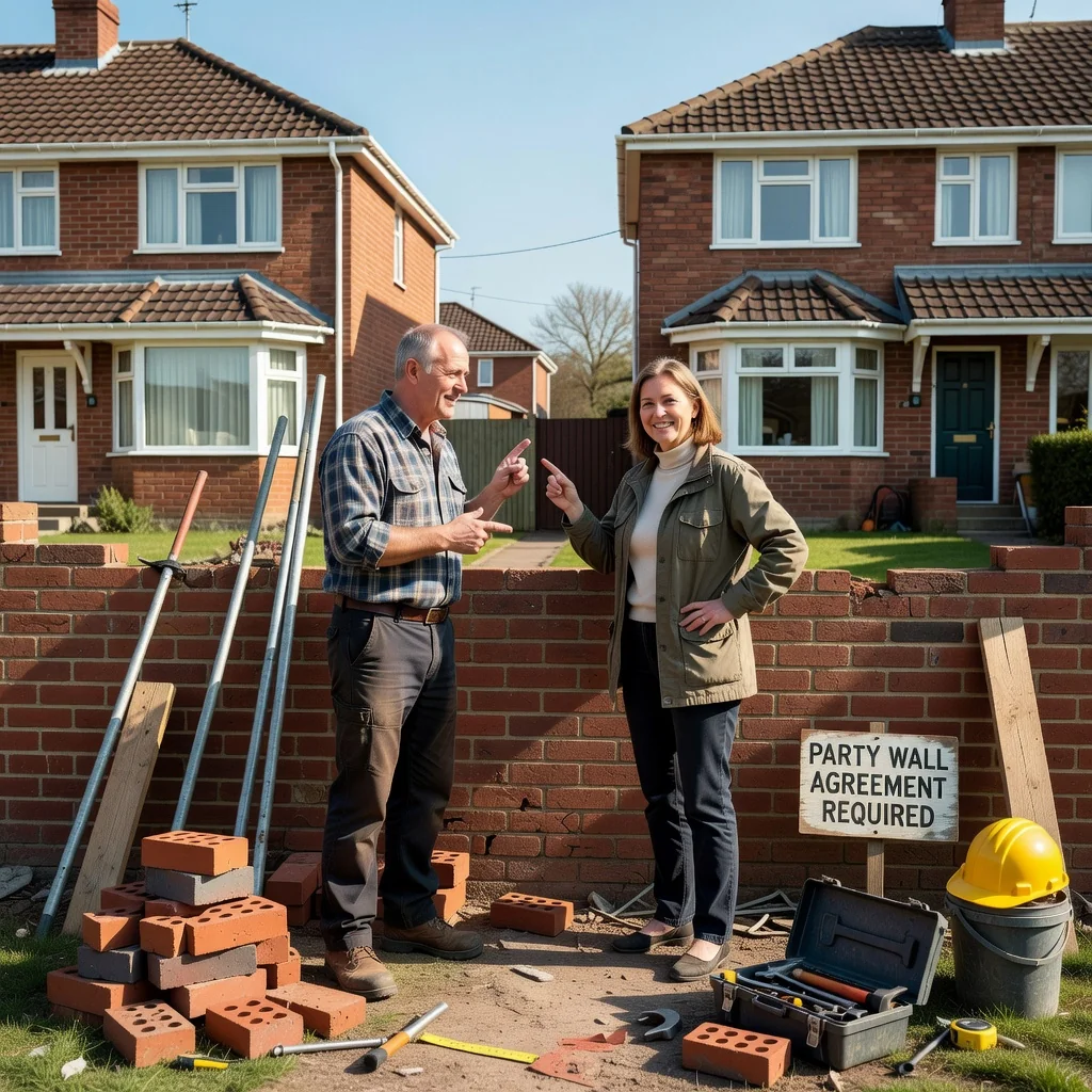 A photorealistic image depicting two neighboring adult homeowners standing in front of a shared brick wall between their semi-detached houses, engaged in a friendly discussion about home renovations, with construction tools and materials visible nearby, emphasizing the purpose of party wall agreements in property development.