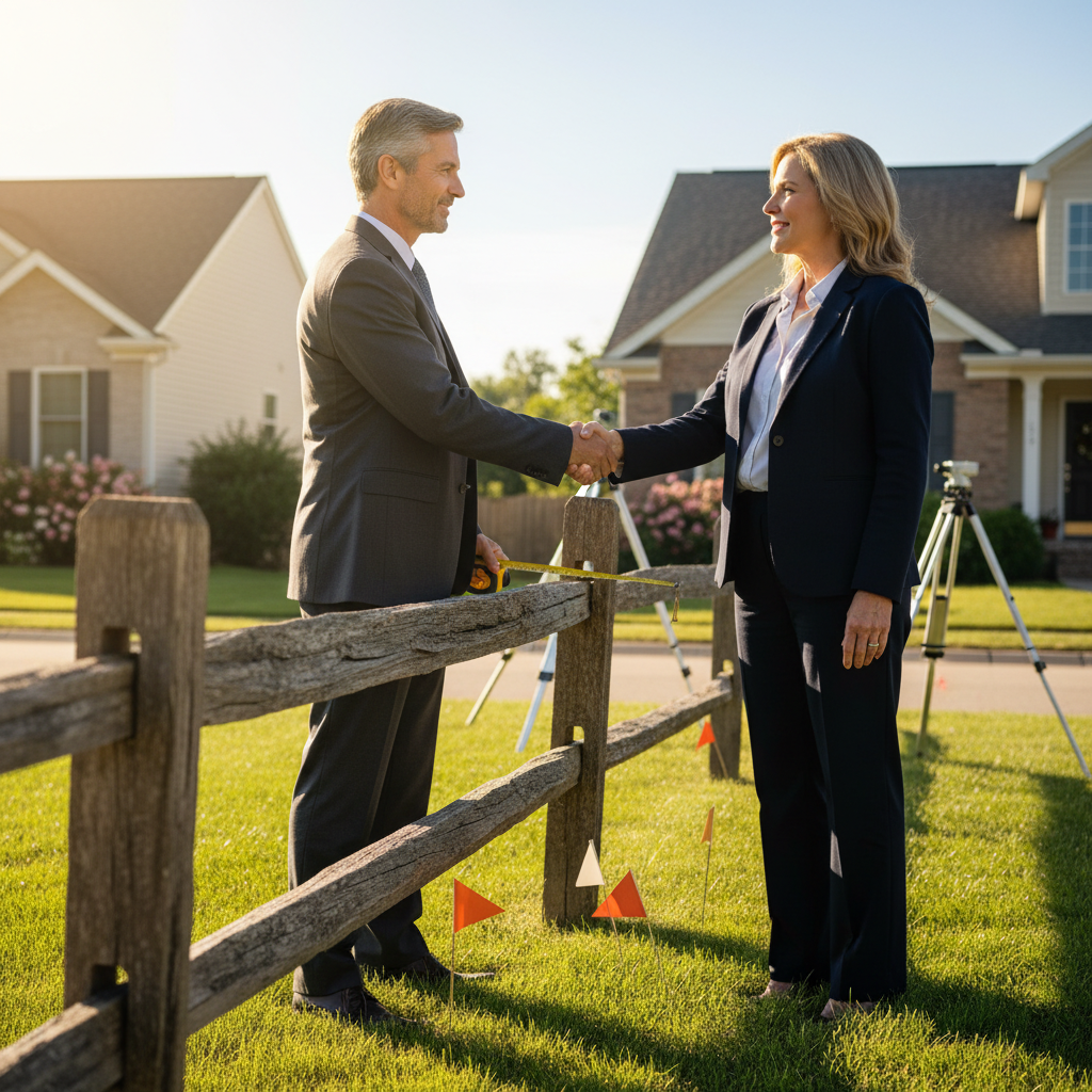 A photorealistic image of two adult professionals standing on a residential property boundary, shaking hands amicably with surveying tools and a marked fence line in the background, symbolizing the agreement and confirmation of land boundaries.