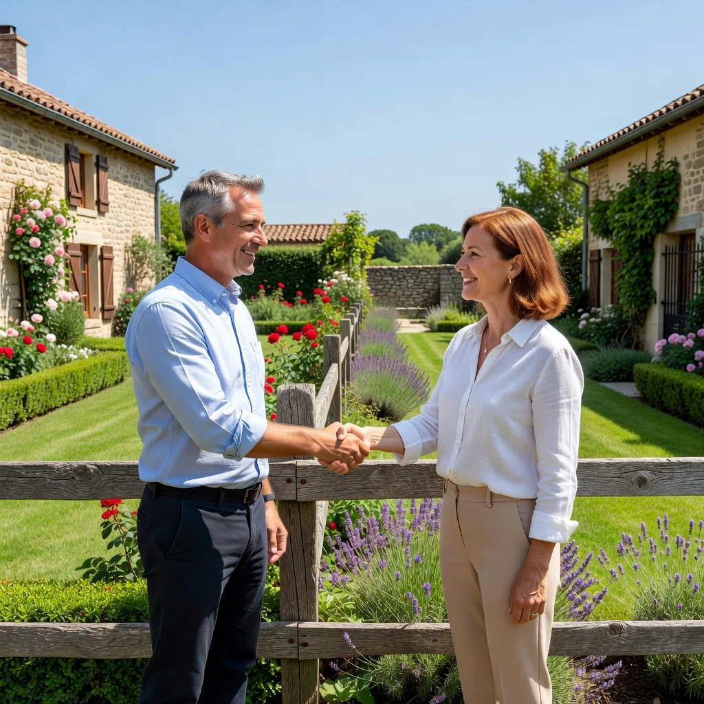 A photorealistic image depicting two neighboring adults standing amicably beside a shared wooden fence in a sunny suburban garden, symbolizing the concept of co-ownership in French property law, with houses in the background and no children present.