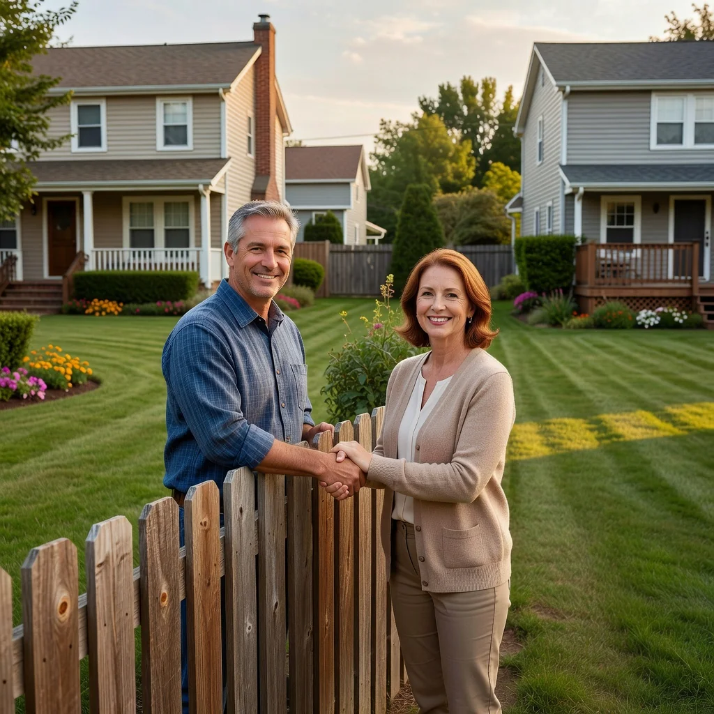 A photorealistic image depicting two neighboring adults standing amicably in front of a shared wooden fence separating their backyards, symbolizing a party wall agreement in a residential setting, with houses and greenery in the background, conveying cooperation and legal harmony without showing any legal documents.