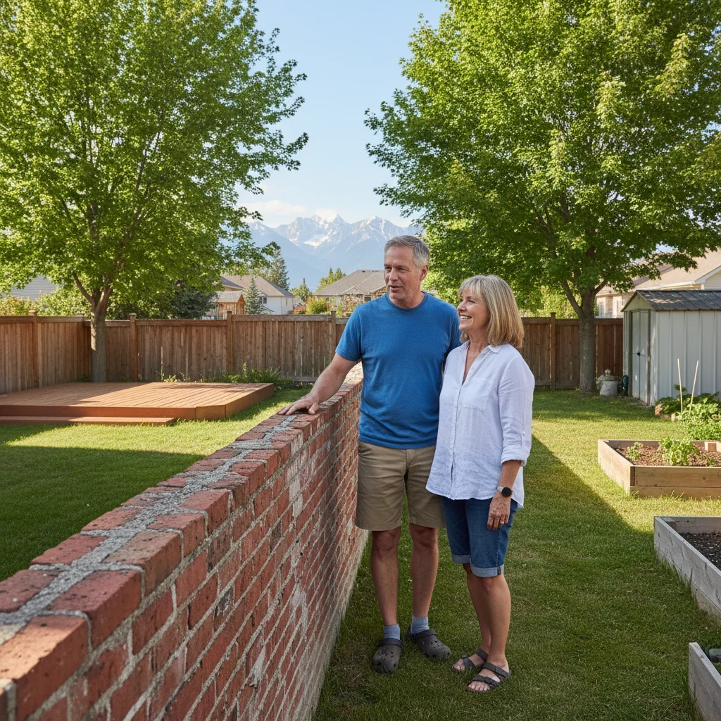 A photorealistic image of two neighboring adult homeowners in Canada standing amicably in front of a shared brick party wall between their properties, one pointing to the wall while discussing with the other, under a clear daytime sky with Canadian maple leaves in the background, symbolizing agreement and cooperation on property boundaries without focusing on legal documents.