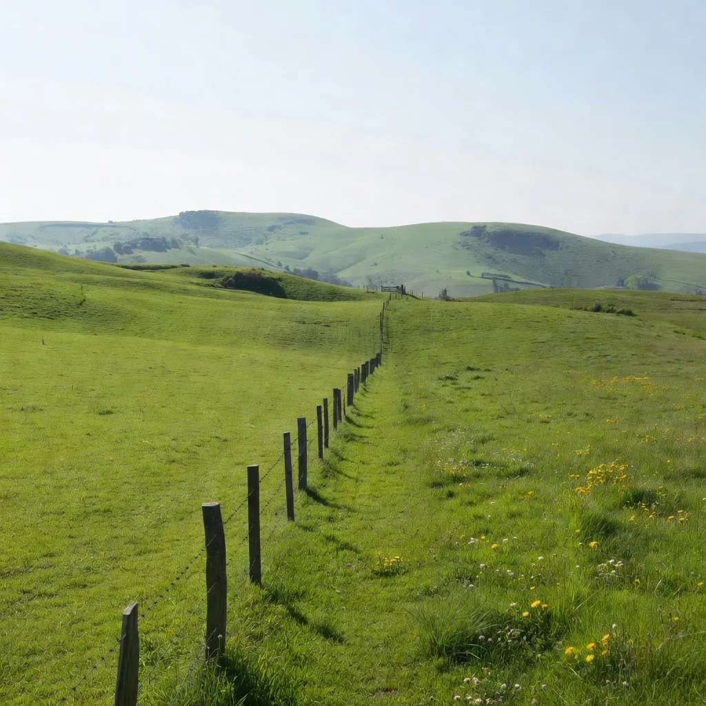A photorealistic image depicting a peaceful rural boundary between two adjacent farms, with a wooden fence separating green fields under a clear blue sky, symbolizing the agreement in a rural property boundary convention, no people or children visible.