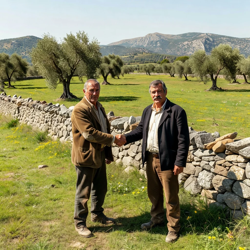 A photorealistic image depicting two neighboring farmers in rural Spain standing amicably beside a newly marked stone boundary wall between their properties, under a clear blue sky with rolling green hills in the background, symbolizing peaceful resolution of land disputes through the Convenio de Lindes.