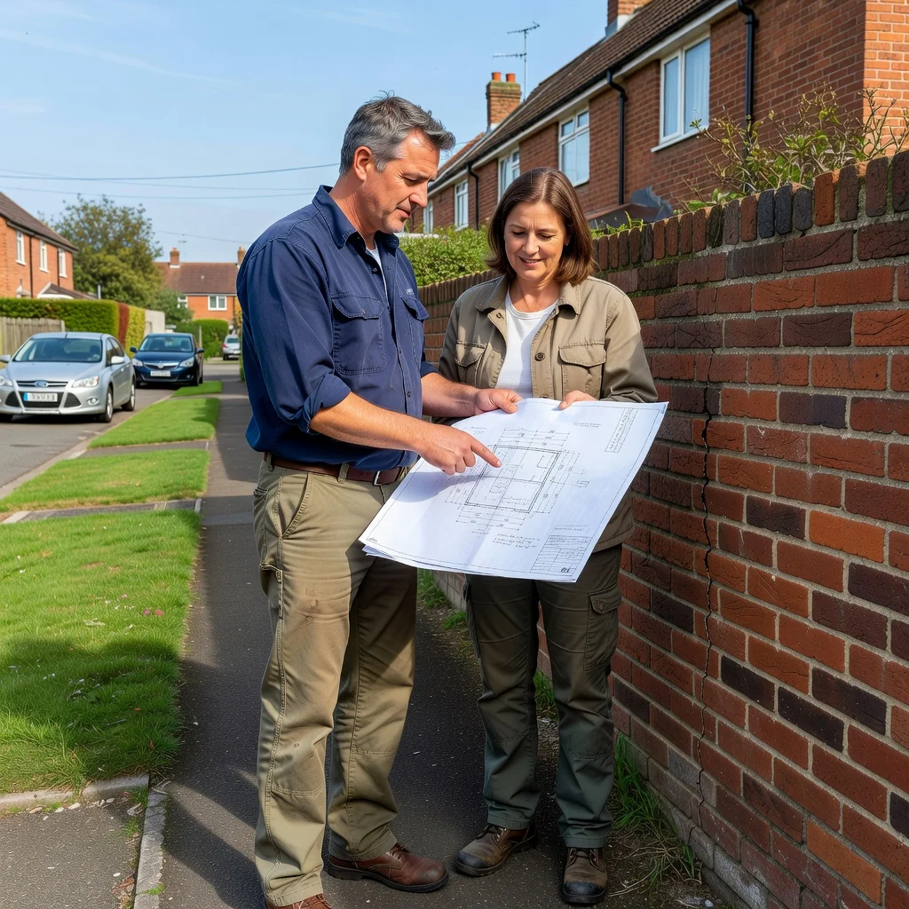 A photorealistic image depicting two neighboring adult homeowners in the UK standing amicably in front of a shared brick party wall between their terraced houses, with one gesturing towards a construction blueprint in hand, symbolizing the resolution of a party wall dispute through discussion. The scene is set in a typical suburban British neighborhood on a sunny day, with no children present.