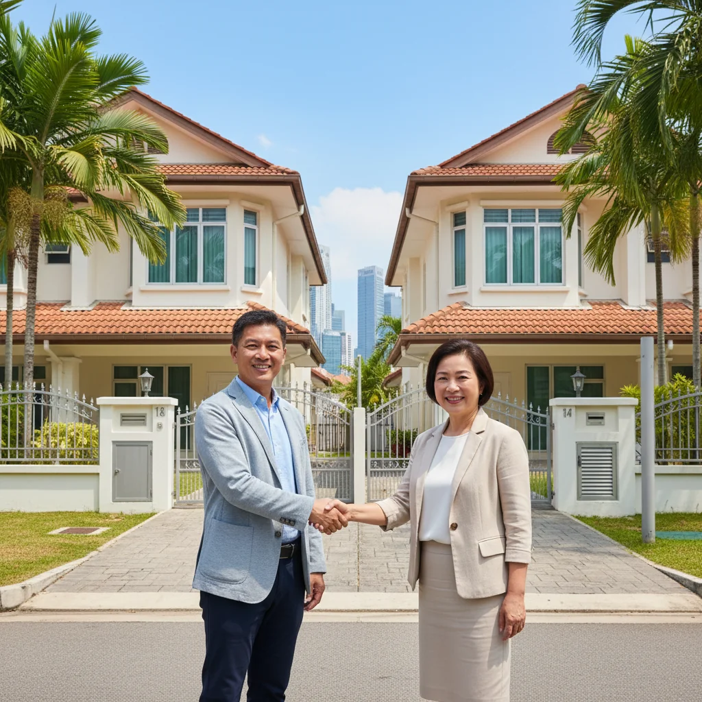 A photorealistic image of two neighboring adult homeowners in Singapore shaking hands amicably in front of their terraced houses, symbolizing a successful party wall agreement. The scene is set on a sunny day with tropical elements like palm trees in the background, conveying cooperation and avoiding disputes in property sharing.