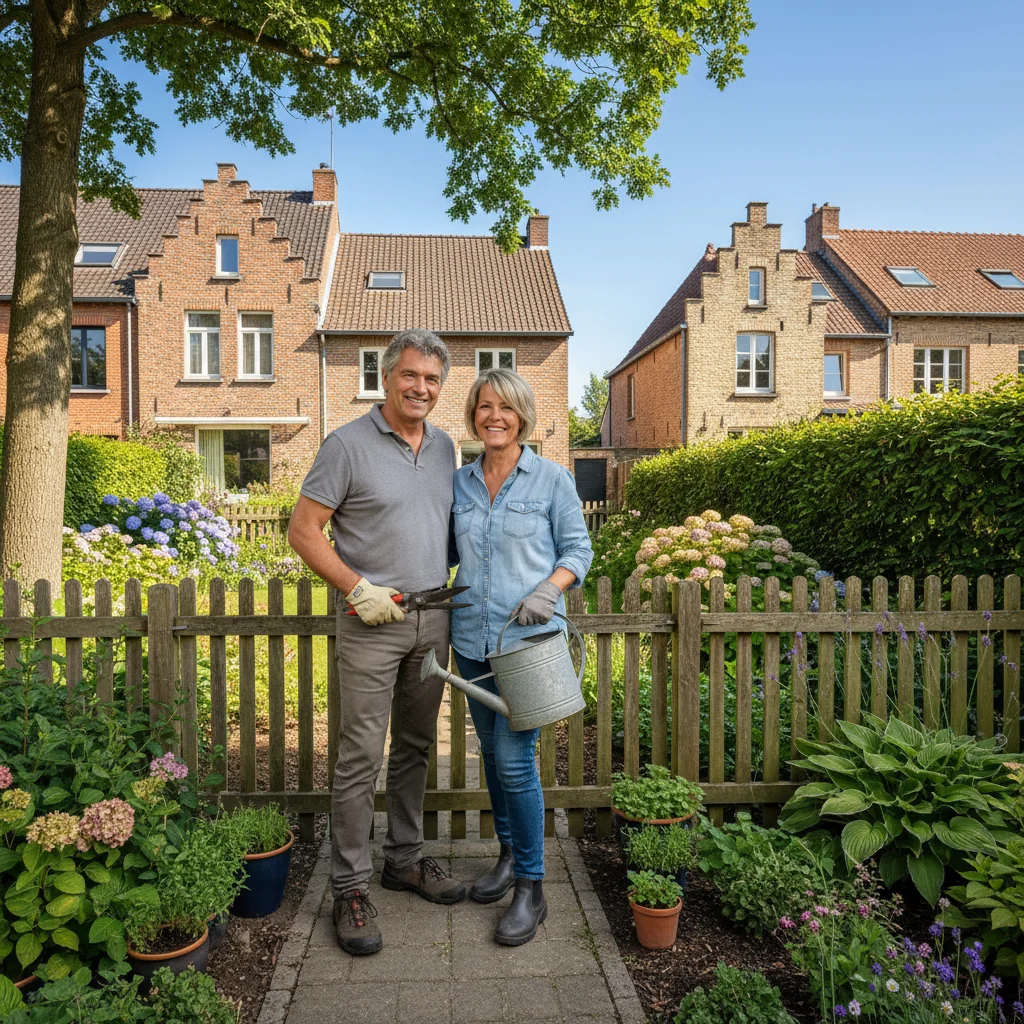 A photorealistic image of two adult Belgian homeowners standing amicably in front of a shared wooden fence dividing their adjacent gardens, one holding a gardening tool and the other a coffee cup, symbolizing the advantages and challenges of co-ownership in a suburban setting, with typical Belgian houses in the background.