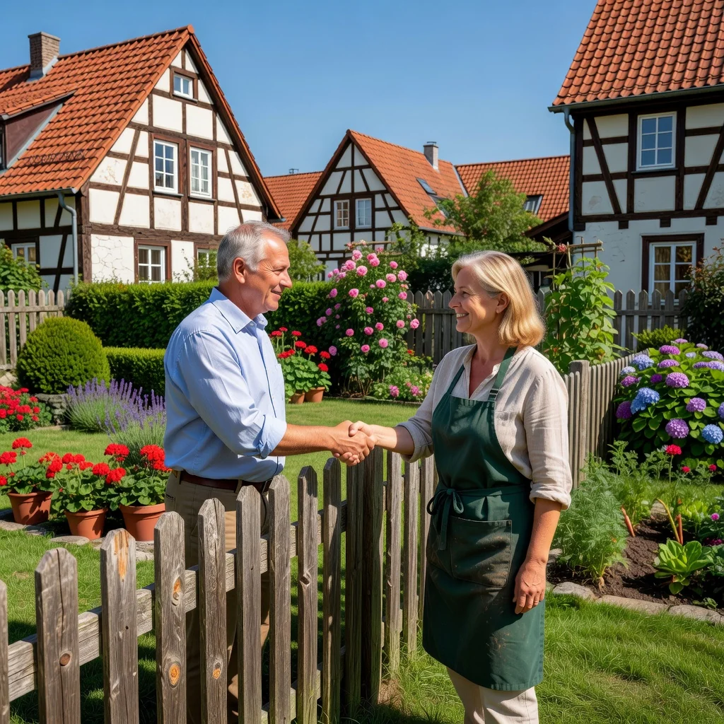A photorealistic image depicting two adult neighbors in a German suburban setting, shaking hands amicably in front of a shared fence, symbolizing a neighborly agreement on property use, with typical German houses in the background, conveying balance between advantages and disadvantages of such contracts.