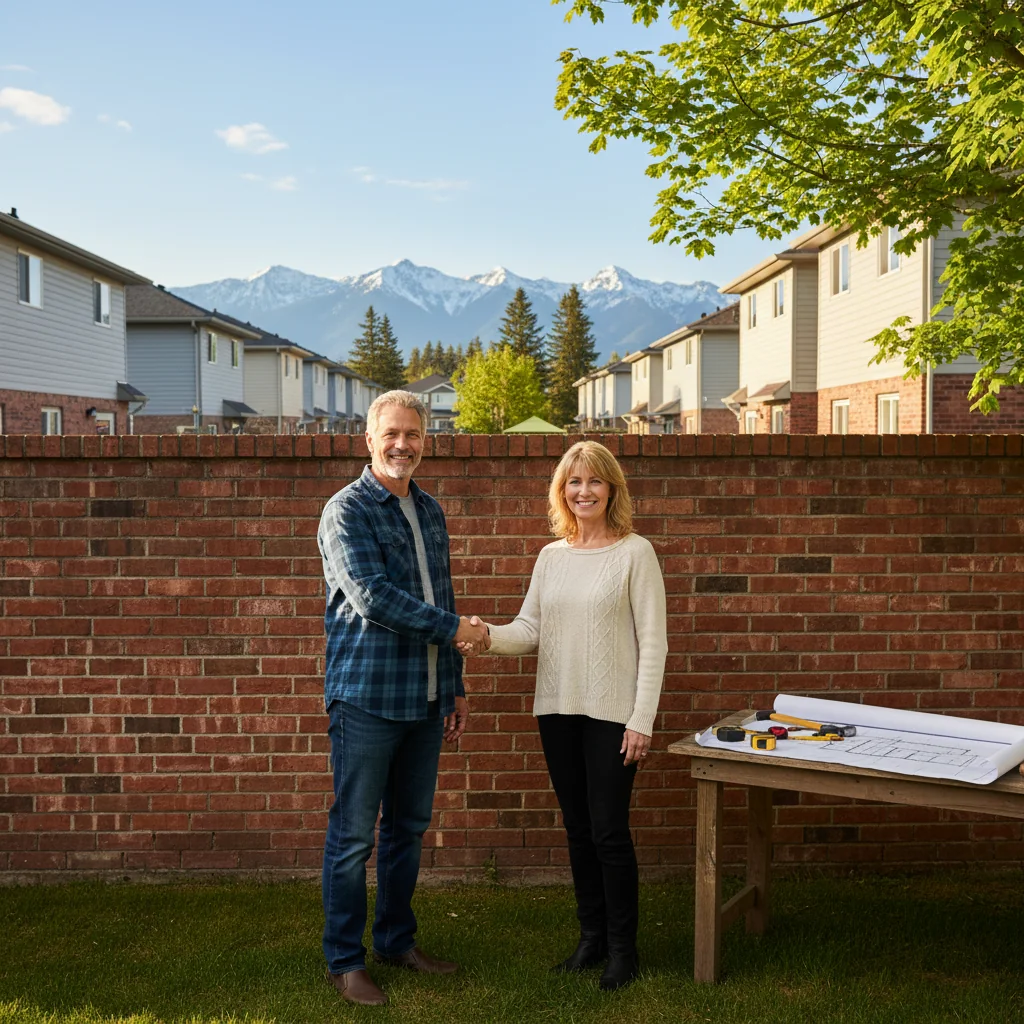A photorealistic image depicting two neighboring homeowners in a suburban Canadian neighborhood, standing amicably in front of a shared brick wall between their properties, shaking hands to symbolize agreement and cooperation on a construction project, with maple leaf accents in the background to evoke Canada, no children present.