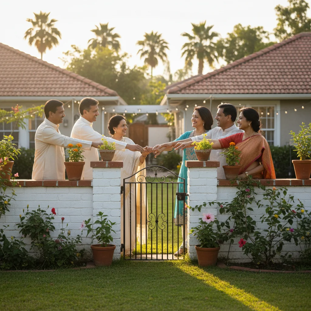 A photorealistic image depicting two neighboring adult families in India amicably discussing and shaking hands over a shared boundary wall in a suburban home setting, symbolizing agreement and harmony without any legal documents visible.