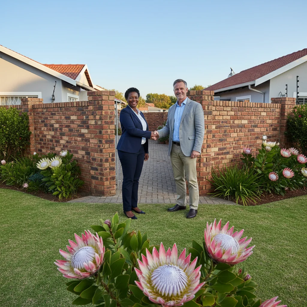 A photorealistic image depicting two neighboring adult homeowners in South Africa shaking hands amicably in front of a shared brick wall between their properties, with a suburban house and garden in the background under a clear blue sky, symbolizing agreement and cooperation on a party wall matter.