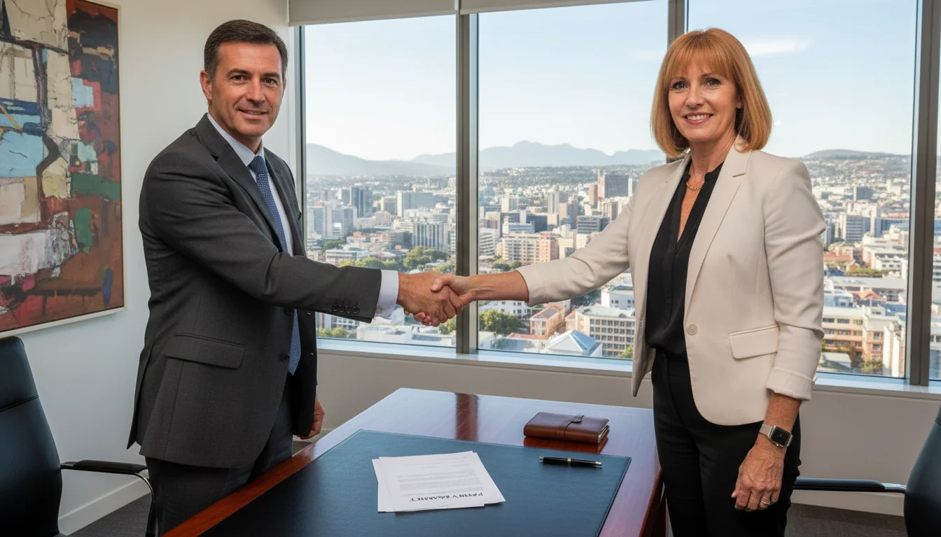 Two adults shaking hands over contract