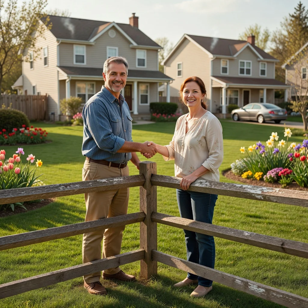 A photorealistic image depicting two adult neighbors in a suburban setting, shaking hands amicably over a shared fence to symbolize a peaceful neighborly agreement, with houses and a garden in the background, conveying trust and cooperation without any legal documents visible.