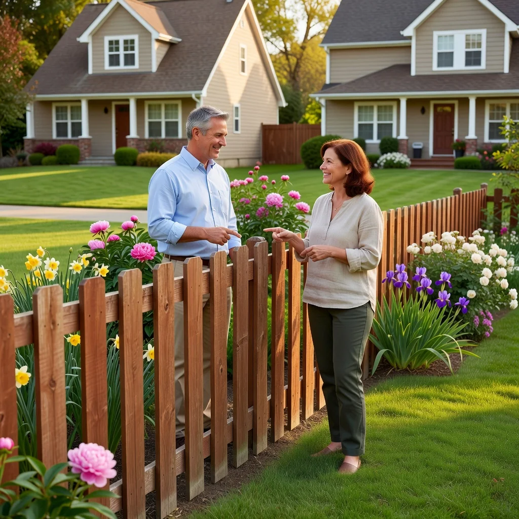 A photorealistic image depicting two neighboring adults standing amicably in a sunny backyard, examining a shared wooden fence that symbolizes a party wall, with suburban houses in the background, conveying cooperation and shared property benefits without any legal documents visible.