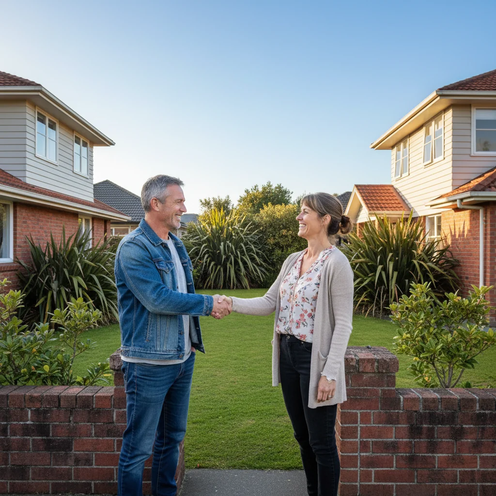 A photorealistic image of two neighboring homeowners in New Zealand shaking hands amicably in front of a shared boundary wall between their properties, with suburban houses and a garden in the background, symbolizing agreement and cooperation without any disputes.