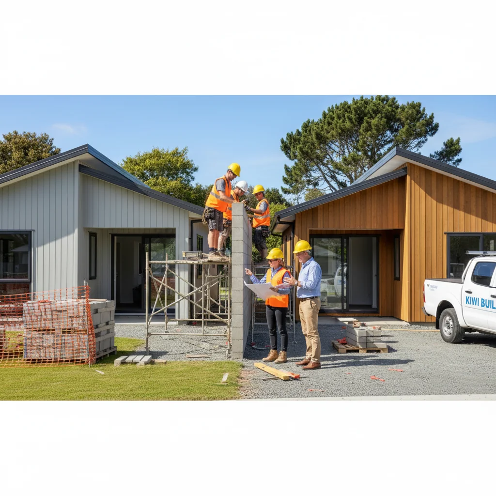 A photorealistic hero image depicting two neighboring properties in New Zealand during a construction project, showing builders working on a shared wall extension, with surveyors discussing plans nearby, emphasizing collaboration and compliance for a party wall agreement, in a sunny suburban setting with Kiwi architecture.