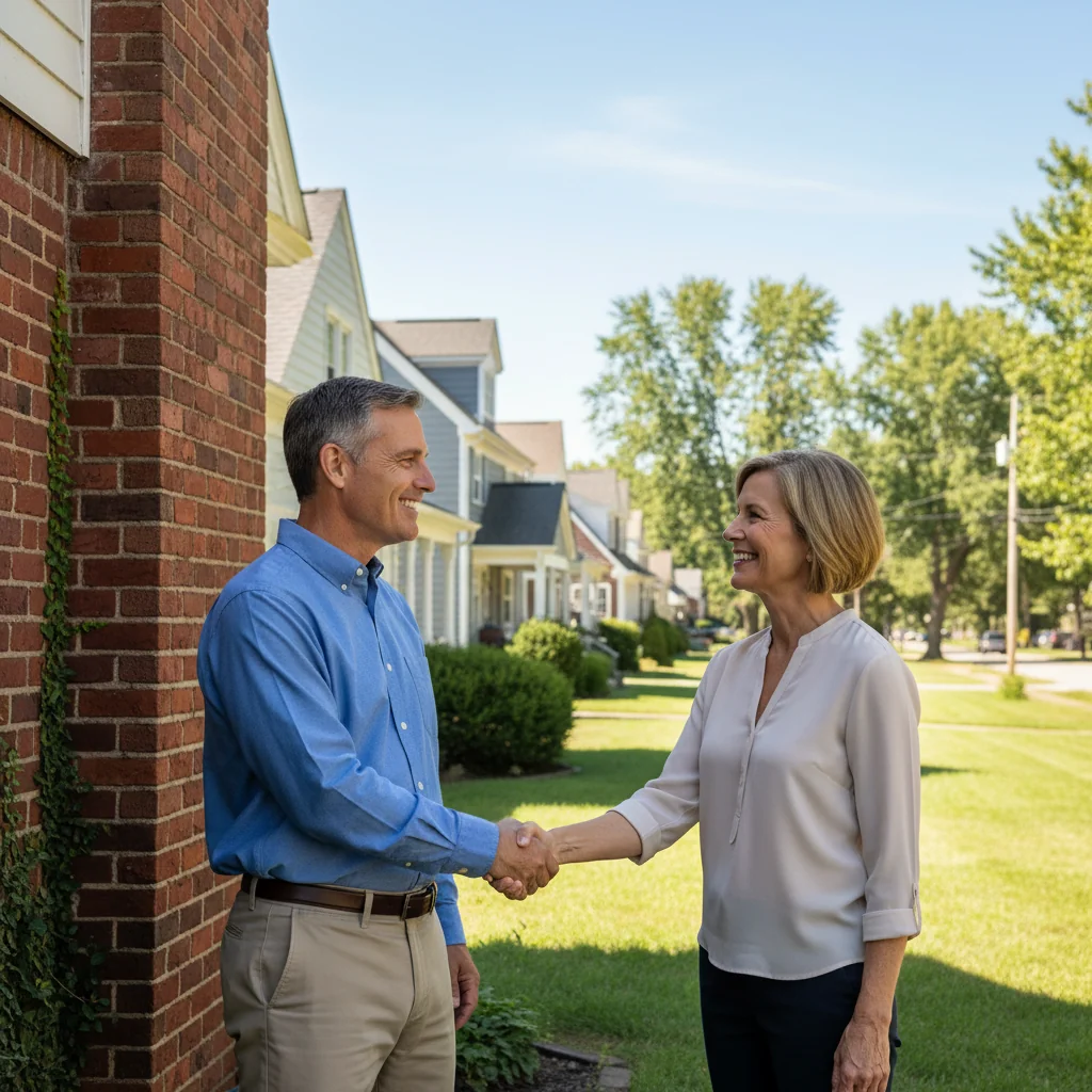 A photorealistic image depicting two neighboring adults shaking hands amicably in front of a shared residential wall, symbolizing agreement and harmony in a community setting, with subtle elements like a fence or boundary to represent shared boundaries, no children present.