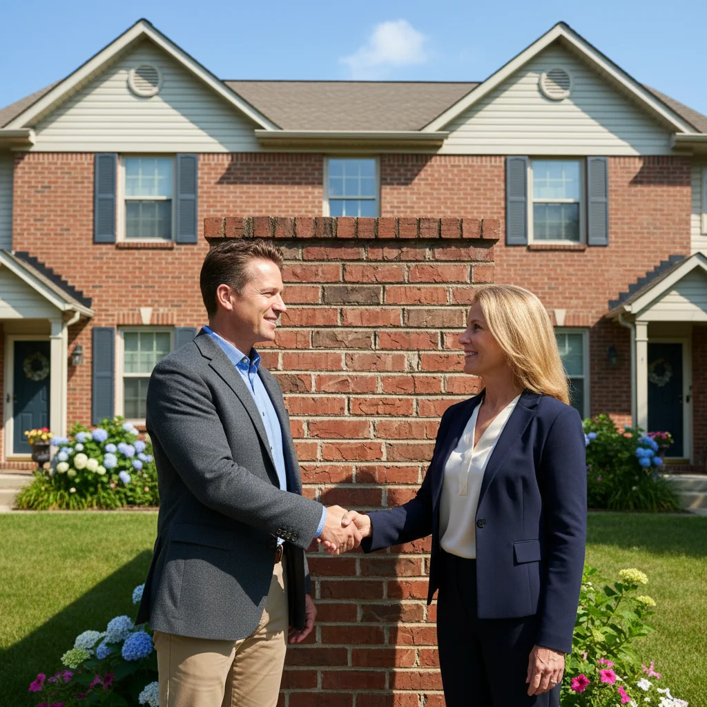 A photorealistic image of two neighboring houses sharing a common brick wall, with two adult professionals shaking hands in front of the wall, symbolizing agreement and cooperation in property boundary matters, clear daytime setting with no children present.