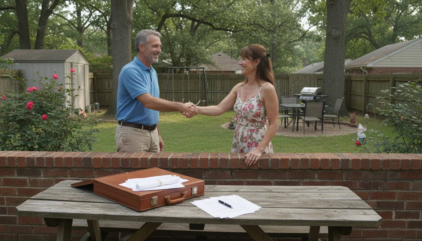 Two neighbors shaking hands over wall