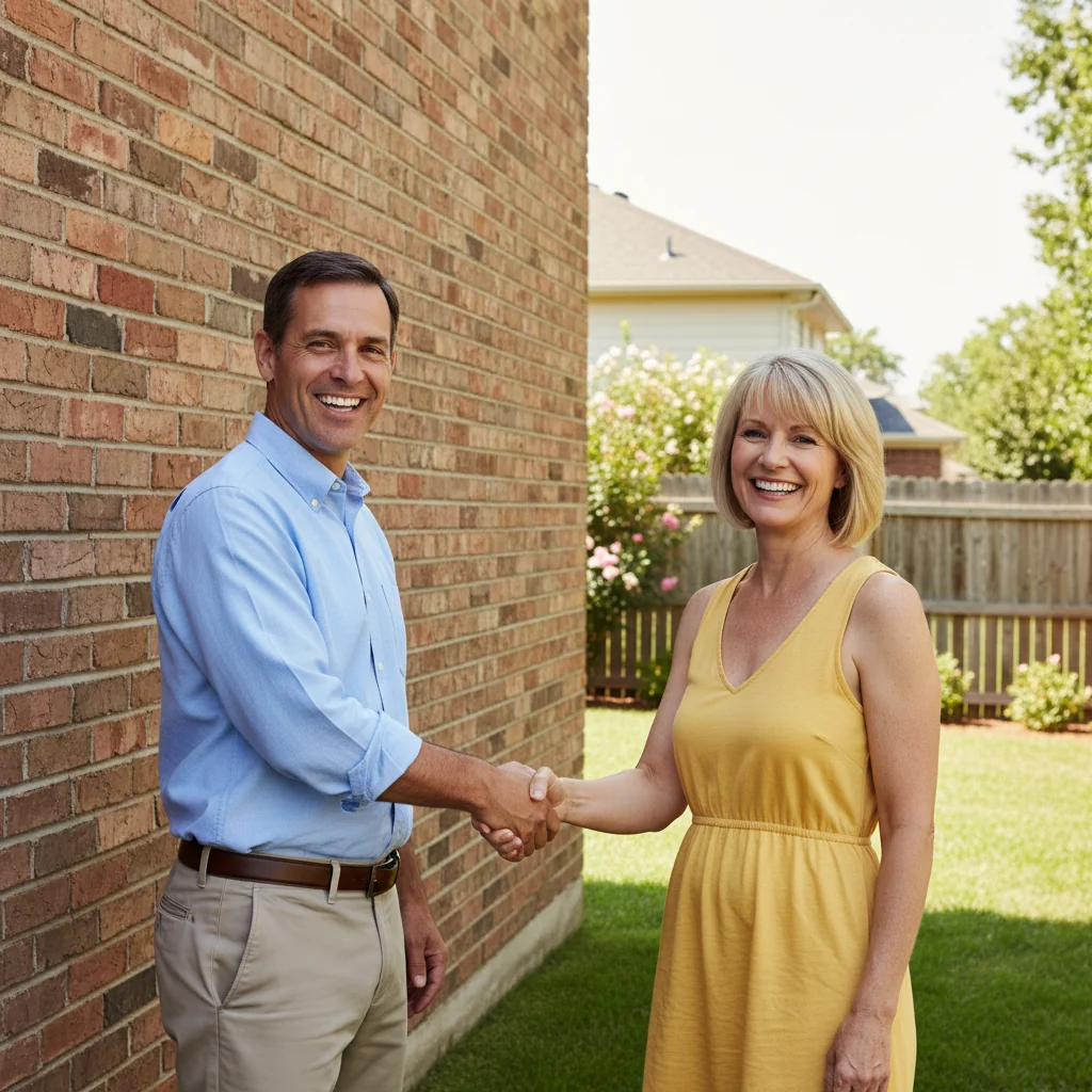 A photorealistic image depicting two neighboring adults shaking hands amicably in front of a shared brick wall separating their properties, symbolizing a valid common wall agreement. The scene is outdoors on a sunny day, with houses in the background, conveying cooperation and resolution without focusing on any legal documents.