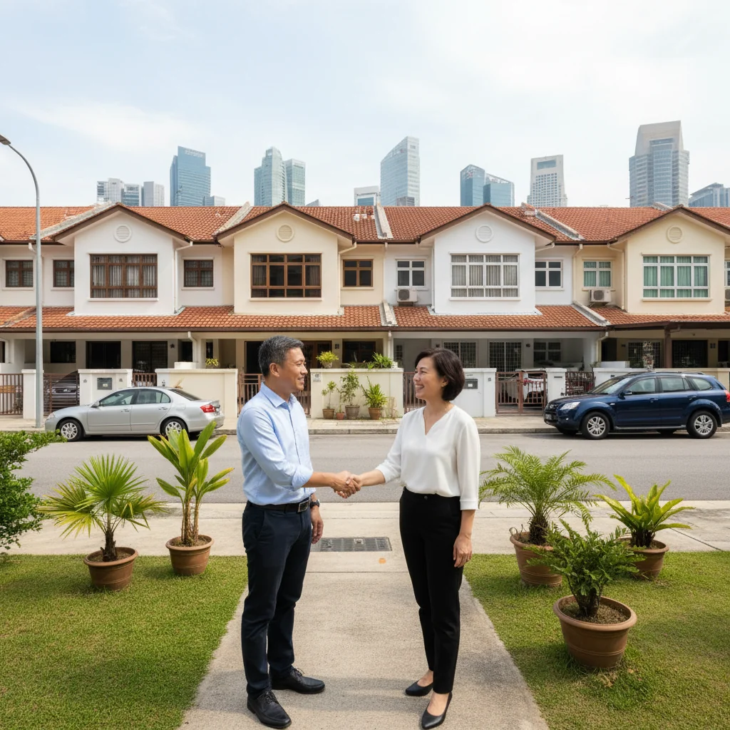 A photorealistic image depicting two neighboring homeowners in Singapore shaking hands amicably in front of adjacent terraced houses, symbolizing agreement and cooperation for a shared boundary wall project, with a modern urban residential neighborhood in the background under a clear sky.