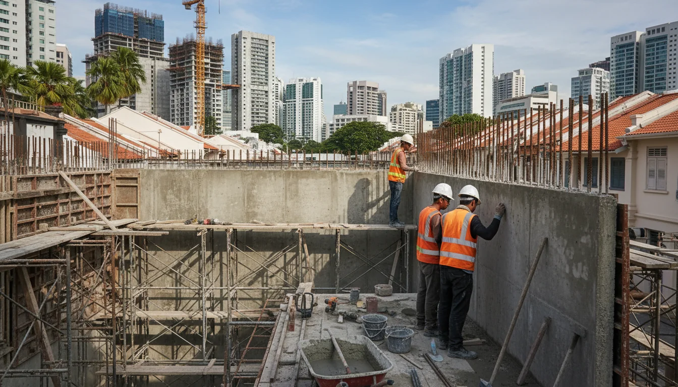 Construction workers building party wall