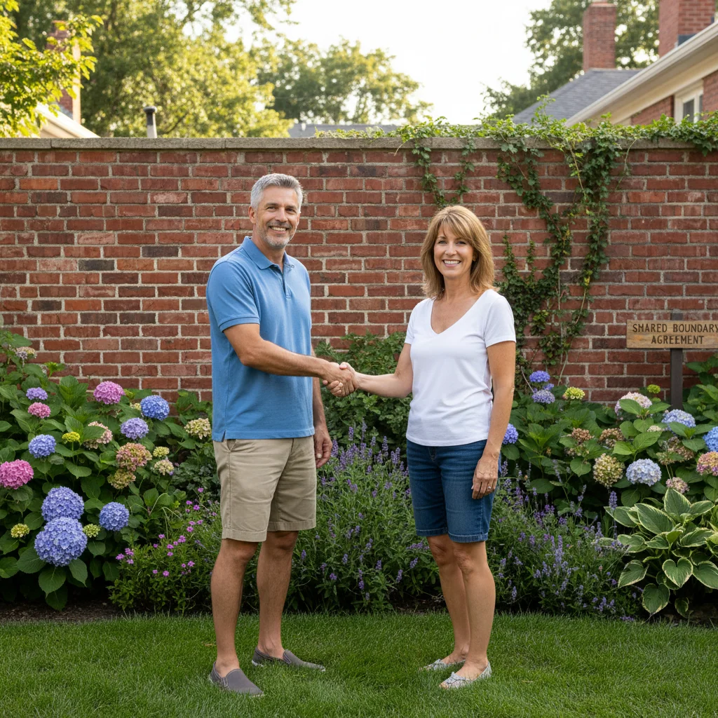 A photorealistic image depicting two neighboring adult homeowners standing amicably in front of a shared brick wall in a suburban backyard, shaking hands to symbolize agreement and cooperation on common boundary rights and obligations, with houses visible in the background, no children present.