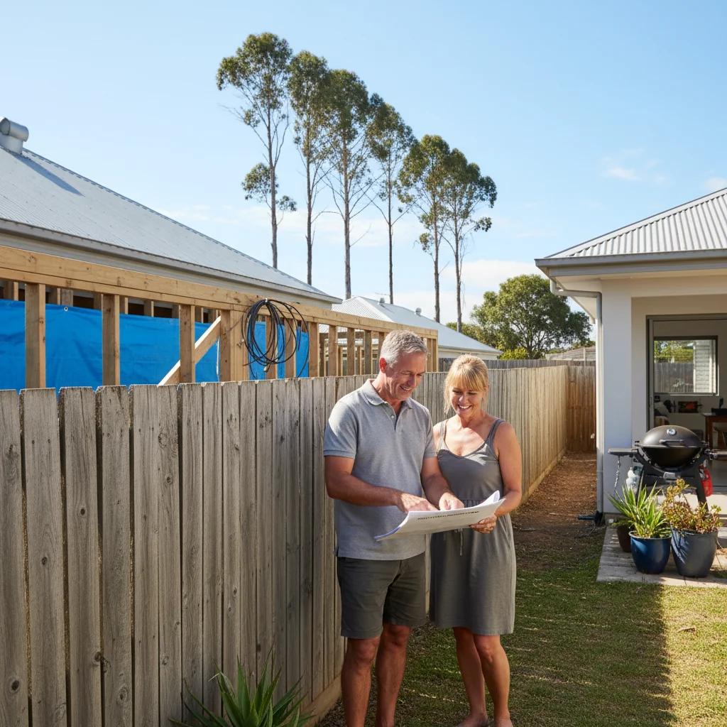 A photorealistic image depicting two neighboring Australian homeowners in a suburban backyard, standing amicably beside a shared boundary fence, discussing construction plans with blueprints in hand, symbolizing cooperation under a party wall agreement, with typical Aussie homes and eucalyptus trees in the background, no children present.