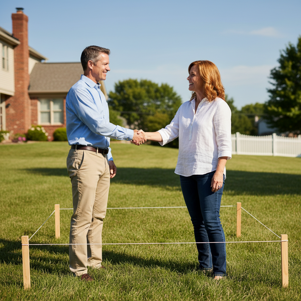 A photorealistic image of two neighboring property owners shaking hands amicably over a clearly marked boundary line on their land, symbolizing agreement and prevention of disputes, with a suburban backyard setting in daylight, no people appearing to be children.