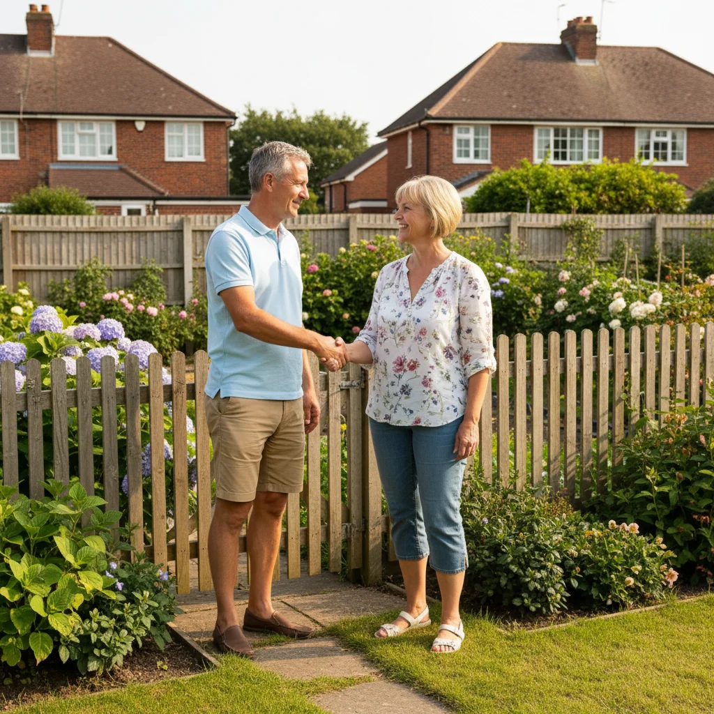 A photorealistic image depicting two neighboring adults standing amicably in a backyard, shaking hands in front of a wooden fence that subtly represents a property boundary, with a house and garden in the background, symbolizing the resolution of a boundary dispute.