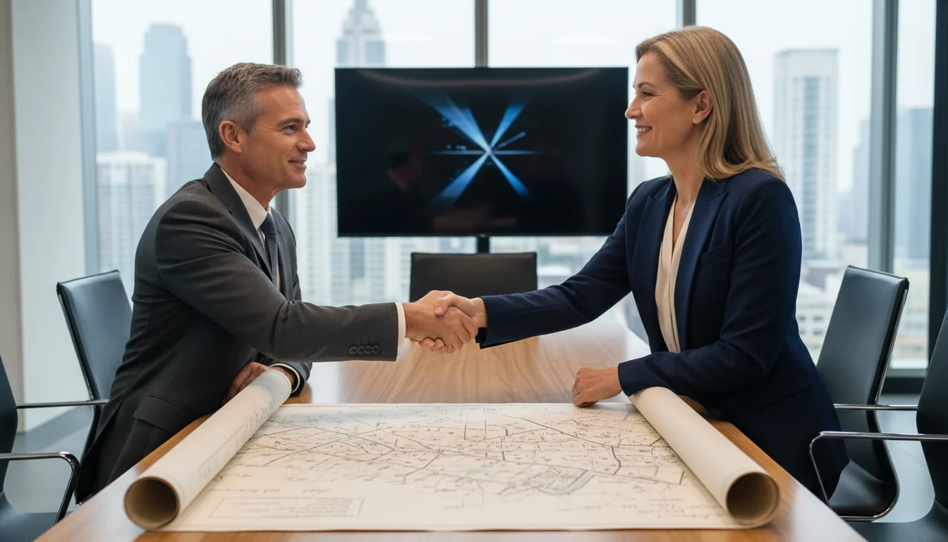 Two adults shaking hands over map