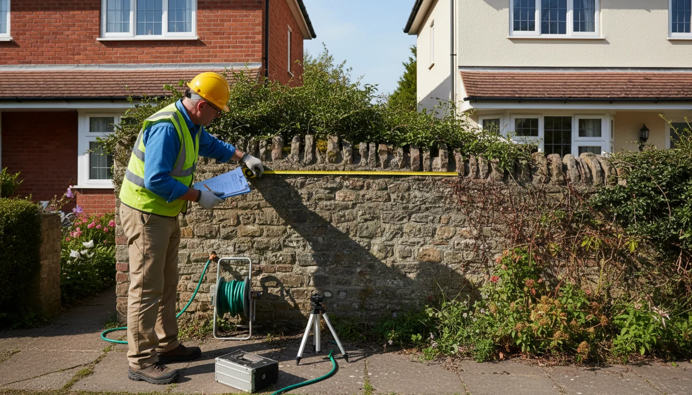 Surveyor measuring shared boundary wall.