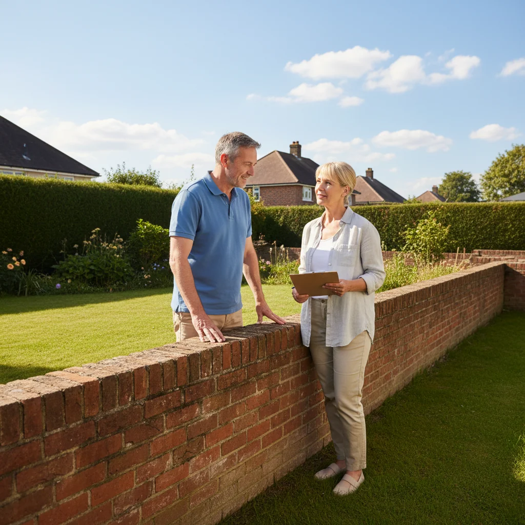 Two neighboring adults engaged in a friendly discussion over a shared garden wall, symbolizing negotiation and resolution of a party wall dispute. One person gestures calmly while the other listens attentively, with a suburban house in the background.