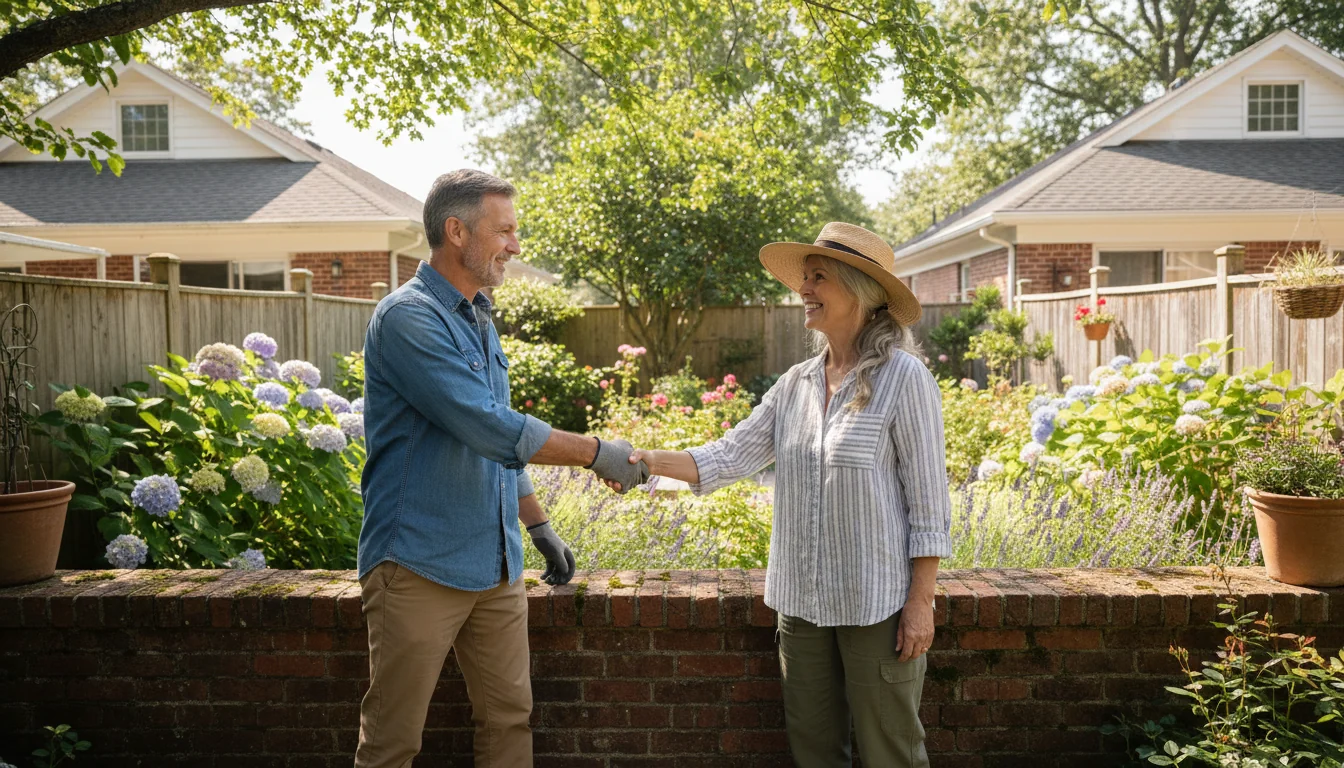 Two neighbors shaking hands over wall.
